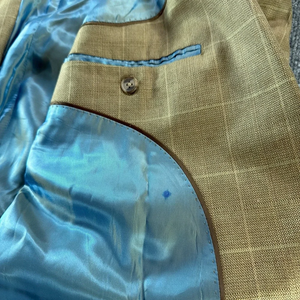 Alan Flusser Mens 46R Silk Wool Blazer Tan Windowpane Sport Coat Autumn Wedding